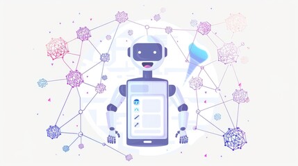 Wall Mural - a cheerful robot interacts with a network of nodes, symbolizing technology and connectivity.