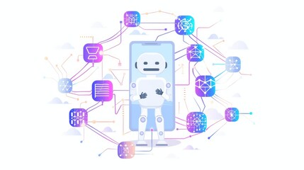 Wall Mural - a robot stands amidst digital icons, symbolizing technology and data interaction.