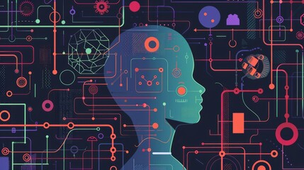 Wall Mural - abstract representation of a human profile surrounded by digital circuits and symbols.