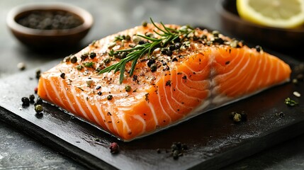 Wall Mural - Fresh salmon fillet seasoned with peppercorns and rosemary, ready for cooking.