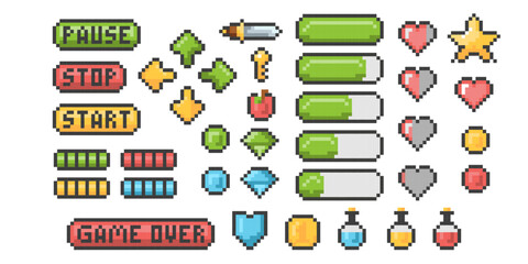Leinwandbilder - Retro games, gaming paraphernalia. Pixel art, game buttons and icons.