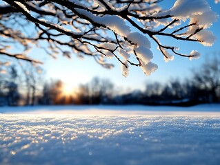 Wall Mural - A snow covered tree branch with the sun setting in the background