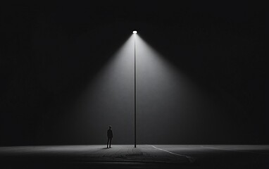 Poster - Solitary figure in fog, illuminated by a single streetlight at night.