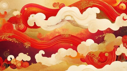 Wall Mural - Abstract Spring Festival design with radiant red swirls and golden accents, reflecting the energy of the season.