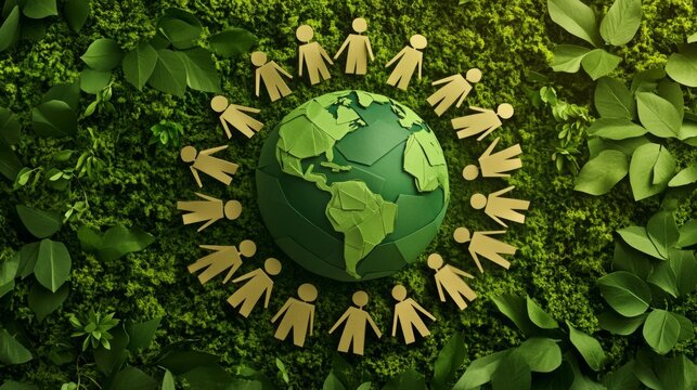 A circular arrangement of paper figures surrounds a globe, set against a backdrop of lush green leaves, symbolizing unity and environmental awareness.