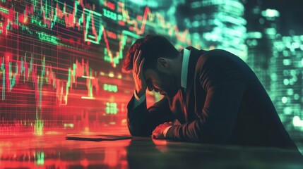Fototapete - A stressed businessman looks at financial graphs, reflecting the anxiety of market fluctuations and economic challenges.