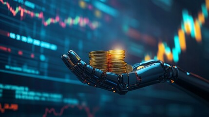 Fototapete - A robotic hand holds shining coins against a backdrop of digital financial graphs, symbolizing the intersection of technology and finance.