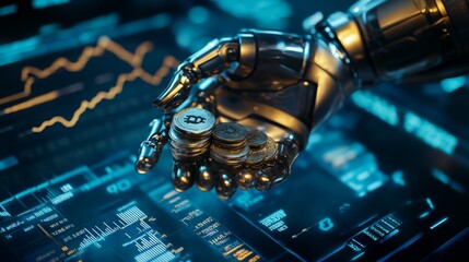 Leinwandbilder - A robotic hand holds cryptocurrency coins against a digital background, symbolizing the fusion of technology and finance.