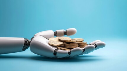 Leinwandbilder - A robotic hand holds a pile of coins against a blue background, symbolizing the intersection of technology and finance.