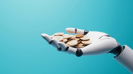 Leinwandbilder - A robotic hand holds a handful of coins against a turquoise background, symbolizing technology and finance.