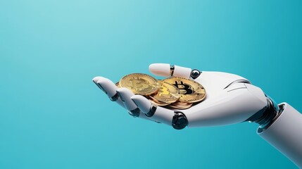 Aufkleber - A robotic hand holds several gold coins, symbolizing the intersection of technology and finance in a modern, digital economy.