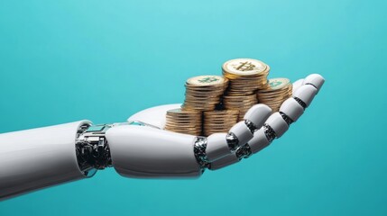 Leinwandbilder - A robotic hand holds a stack of coins, symbolizing the intersection of technology and finance.