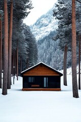 Wall Mural - A small cabin in the middle of a snowy forest