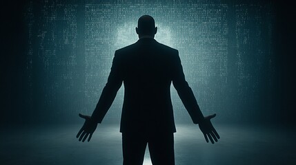 Silhouetted businessman facing digital wall.