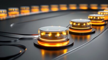 Illuminated glass buttons on a futuristic control panel.