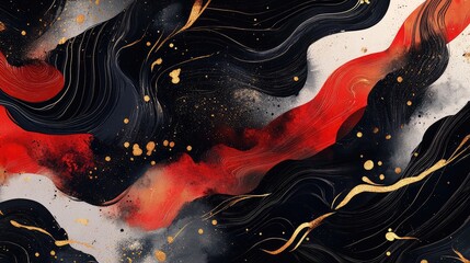 Wall Mural - Artistic ink wash New Year design with fluid black lines, glowing red accents, and golden highlights.