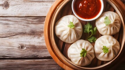 Wall Mural - Steamed Buns Served with Spicy Sauce and Cilantro