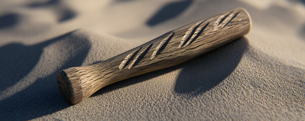 Ancient Wooden Artifact Rests on Sandy Surface, Carved with Mysterious Symbols: A relic of a bygone era lies quietly in the desert.