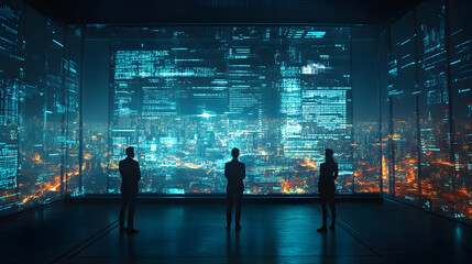 Digital Metropolis, Executives Analyze Data Streams Over Cityscape