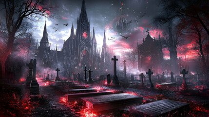 Wall Mural - Gothic Cathedral Cemetery, Shadows Dance in Crimson Twilight, Bats Circle the Eerie Gothic Architecture Mysteriously at Dusk.