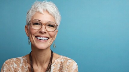 Wall Mural - Cheerful and Content Woman with Short Hair and Glasses Smiling Brightly