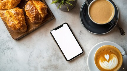 Wall Mural - Business Breakfast with Phone and Coffee on Table Displaying Food