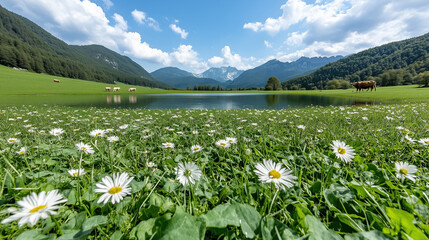 Wall Mural - serene landscape featuring lake surrounded by mountains and blooming daisies