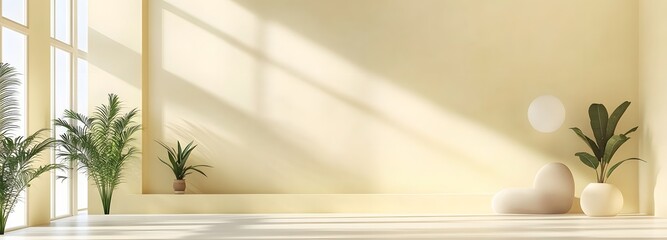 Wall Mural - a large, airy room with a pastel yellow background, creating a warm and welcoming space for displayi
