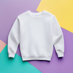 Casual white sweatshirt mockup. Raglan long sleeve tee lying on vibrant graphic abstract surface. Flat lays shirt mock up. Unisex shirt blank template. Basic tshirt, gender neutral regular clothing