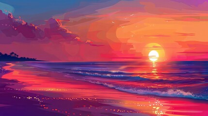 Wall Mural - majestic golden sunset over calm ocean waves on a secluded sandy shore, illuminated by vibrant eveni
