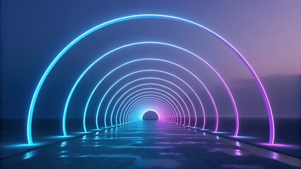 Wall Mural - neon archway tunnel leading to a vibrant horizon. futuristic, glowing circles create a mesmerizing p