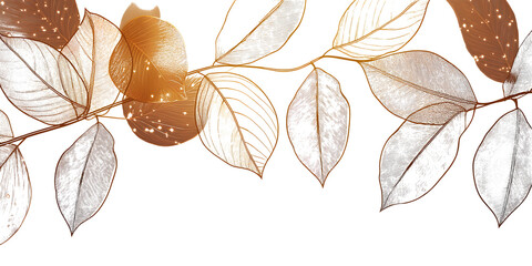 Wall Mural - luxury gold line art autumn leaf background vector. natural botanical elegant foliage with jungle le