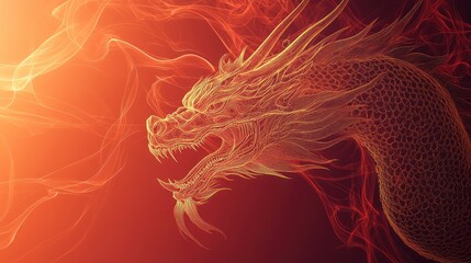 Wall Mural - Dragon head outlined in glowing golden lines with swirling red smoke effects on a gradient backdrop.