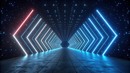 Wall Mural - neon lights illuminate a futuristic corridor. bright blue and red arrows create a dynamic, energetic