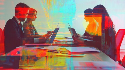 Wall Mural - Double Exposure of Office Meeting with Hands and Documents