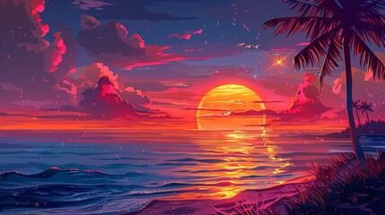 Wall Mural - majestic golden sunset over calm ocean waves on a secluded sandy shore, illuminated by vibrant eveni