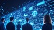 © Thitiporn - A group of professionals standing before a large digital wall featuring glowing blue holographic data, charts, and analytics. Ideal for technology, innovation, and data-driven business concepts.