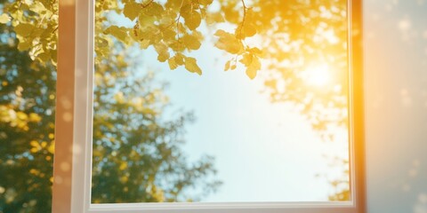 Poster - Tranquil Morning Light Through Leafy Window Frame in Nature