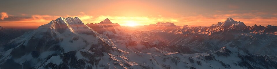 Fototapete - Aerial panorama of a serene sunrise over Everest Base Camp, with the snow-covered peaks glowing in golden light and dynamic shadows, in 4K resolution