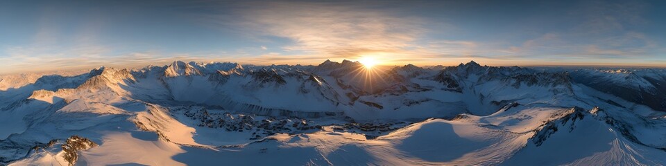Fototapete - Aerial panorama of a serene sunrise over Everest Base Camp, with the snow-covered peaks glowing in golden light and dynamic shadows, in 4K resolution