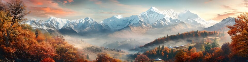 Poster - Panoramic view of Everest Base Camp surrounded by vibrant autumn colors during October, with snow-dusted peaks glowing under soft light, in 4K resolution