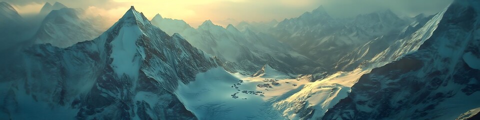 Fototapete - Aerial panorama of the snowy peaks surrounding Everest Base Camp, with dynamic shadows cast by the golden hour light, in 4K resolution