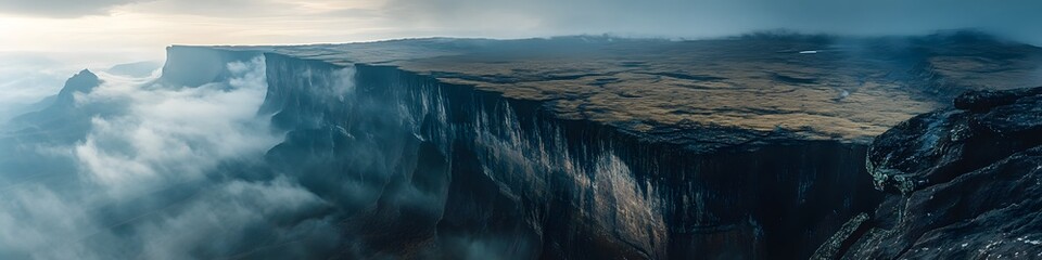 Aufkleber - Aerial panorama of the tabletop summit of Mount Roraima shrouded in light mist, with dramatic rock formations glowing under soft light, in 4K resolution