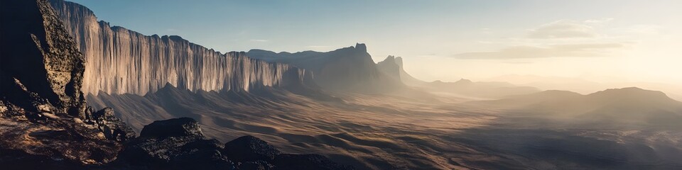 Poster - Panoramic view of Mount Roraima s cliffs glowing under the soft light of twilight, with the savannah stretching endlessly into the distance, in 4K resolution