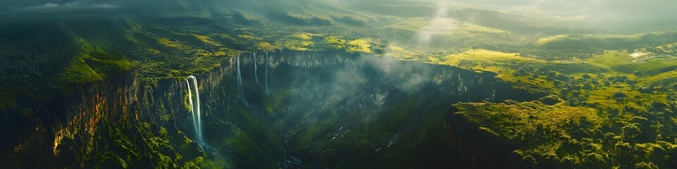 Poster - Aerial panorama of Mount Roraima s cliffs glowing under the golden light of sunset, with cascading waterfalls and dense greenery creating cinematic depth, in 4K resolution