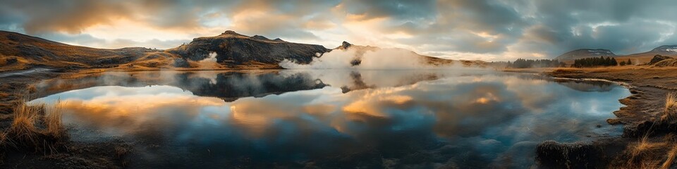 Fototapete - Wide shot of a serene geothermal lake reflecting the surrounding cliffs and steam clouds glowing under golden light, in 4K resolution