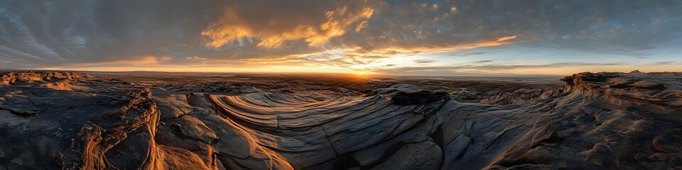 Poster - A panoramic view of The Wave s vibrant sandstone swirls glowing under the golden light of sunrise, with dramatic shadows adding depth, in 4K resolution