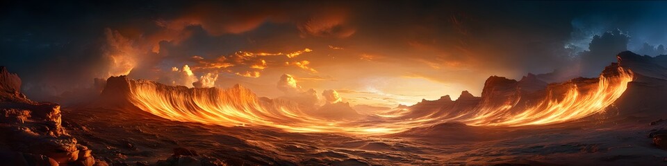 Poster - Panoramic view of The Wave glowing under fiery twilight, with rugged cliffs and intricate sandstone swirls illuminated by golden light, in 4K resolution