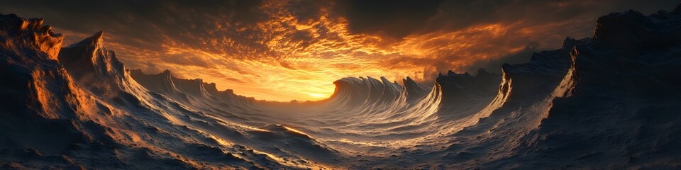 Aufkleber - Panoramic view of The Wave glowing under fiery twilight, with rugged cliffs and intricate sandstone swirls illuminated by golden light, in 4K resolution