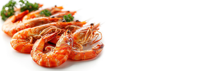Wall Mural - Shrimp boiled in bulk, white background isolate. Sea orange food, culinary ingredient shellfish.